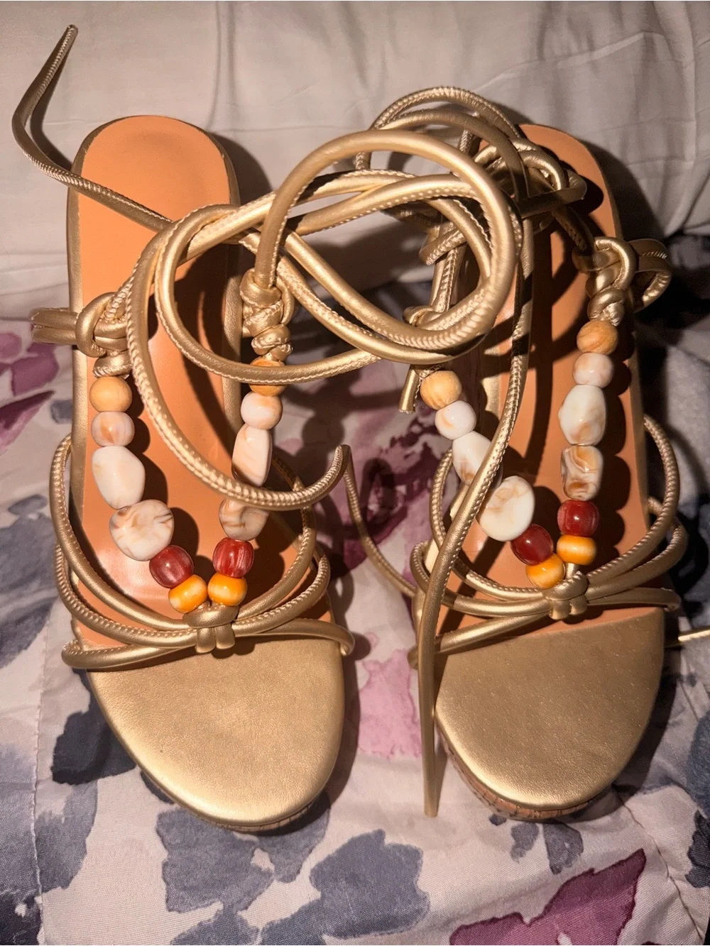 Gold Beaded Lace-Up Wedge Sandals